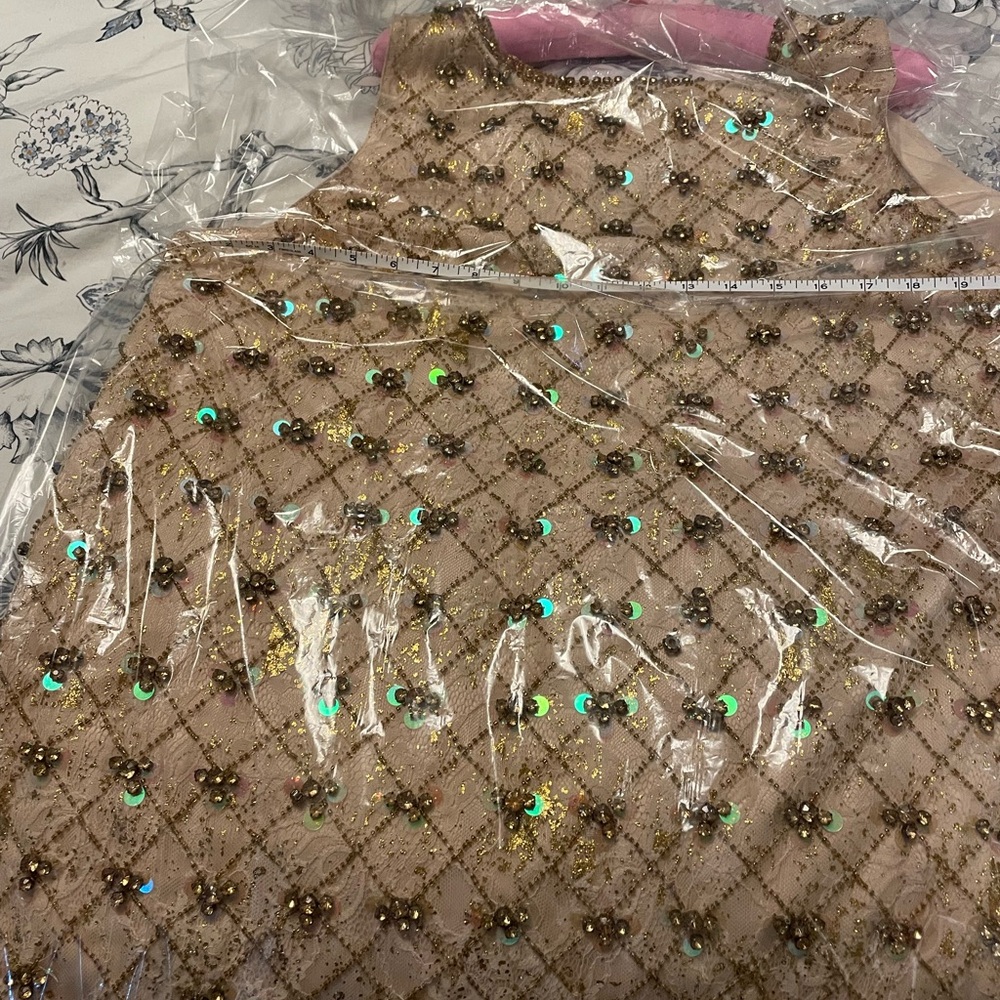 Anthropologie Gold-Beige Beaded V-Neck Midi Dress - Picture 11 of 12